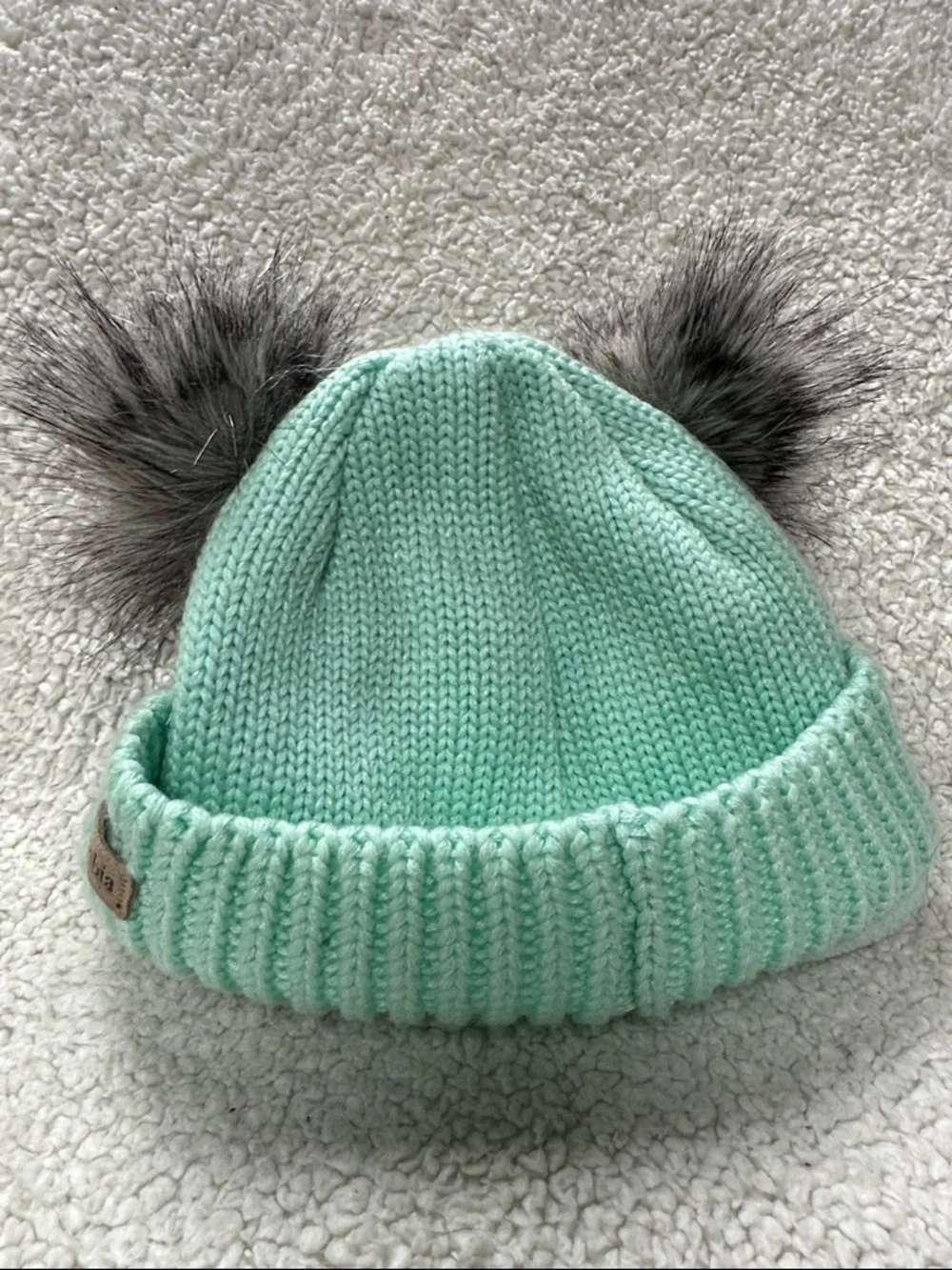 Columbia Mint Green Knit Beanie with Double Faux Fur Pompoms Youth One Size